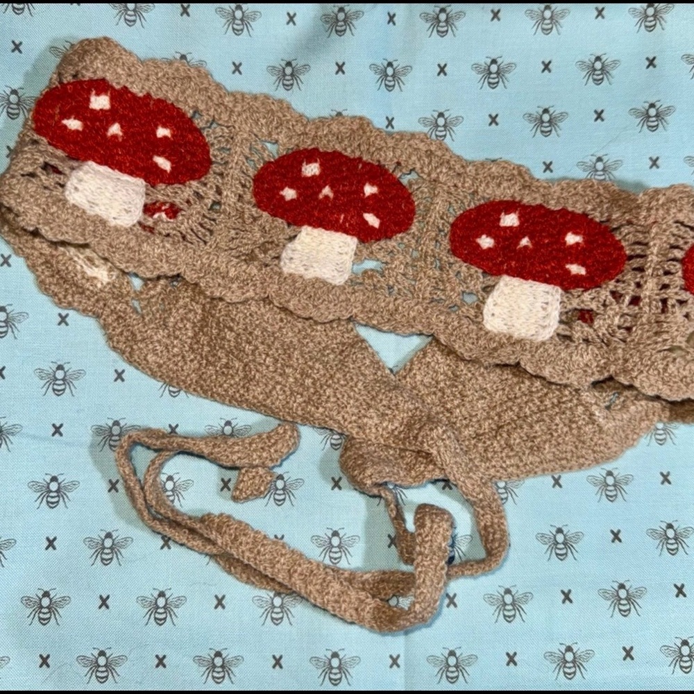 Crochet Mushroom Cottagecore Headband Tieon Beige Band Red & White Mushrooms